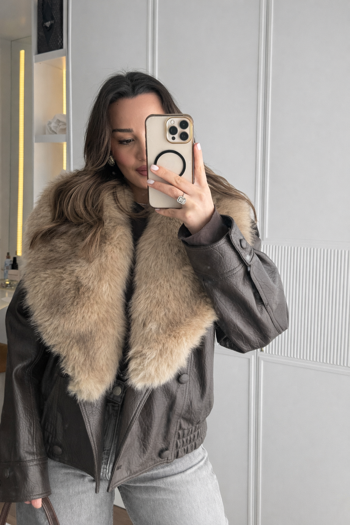 Veste femme effet cuir à large col effet fourrure - Nymera