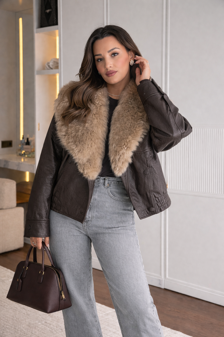 Veste femme effet cuir à large col effet fourrure - Nymera