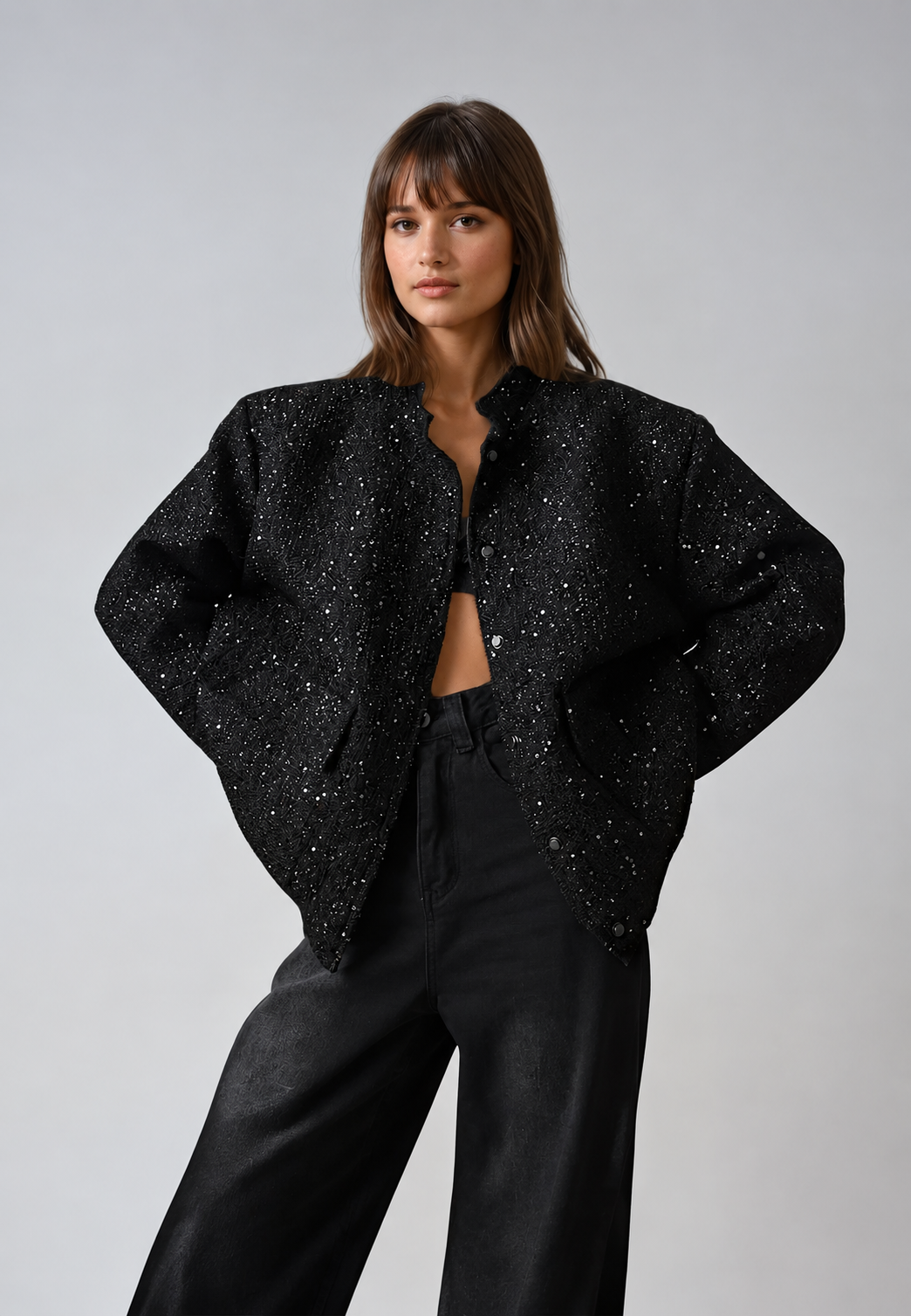 Veste femme effet tweed à sequins et col rond - Mirelle