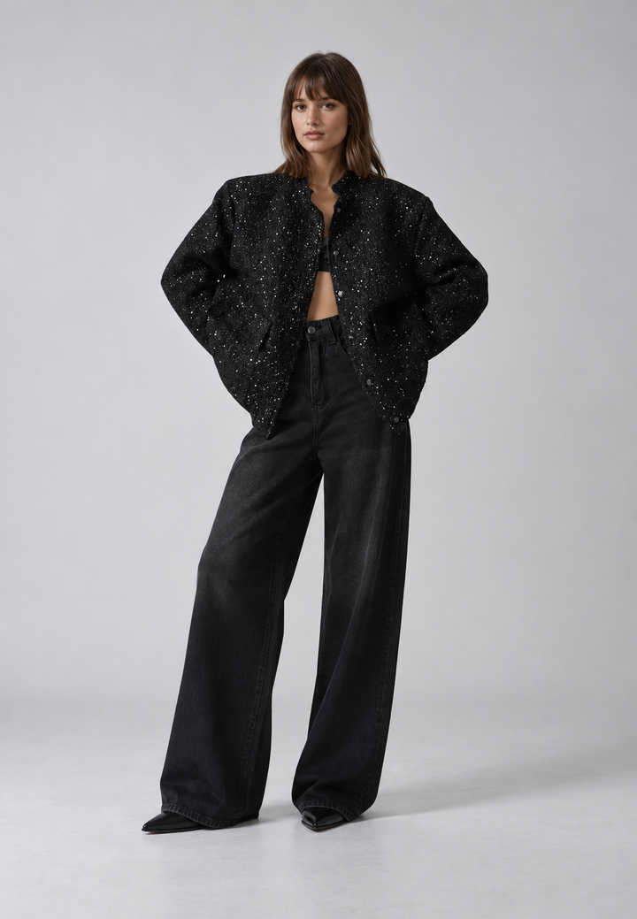 Veste femme effet tweed à sequins et col rond - Mirelle