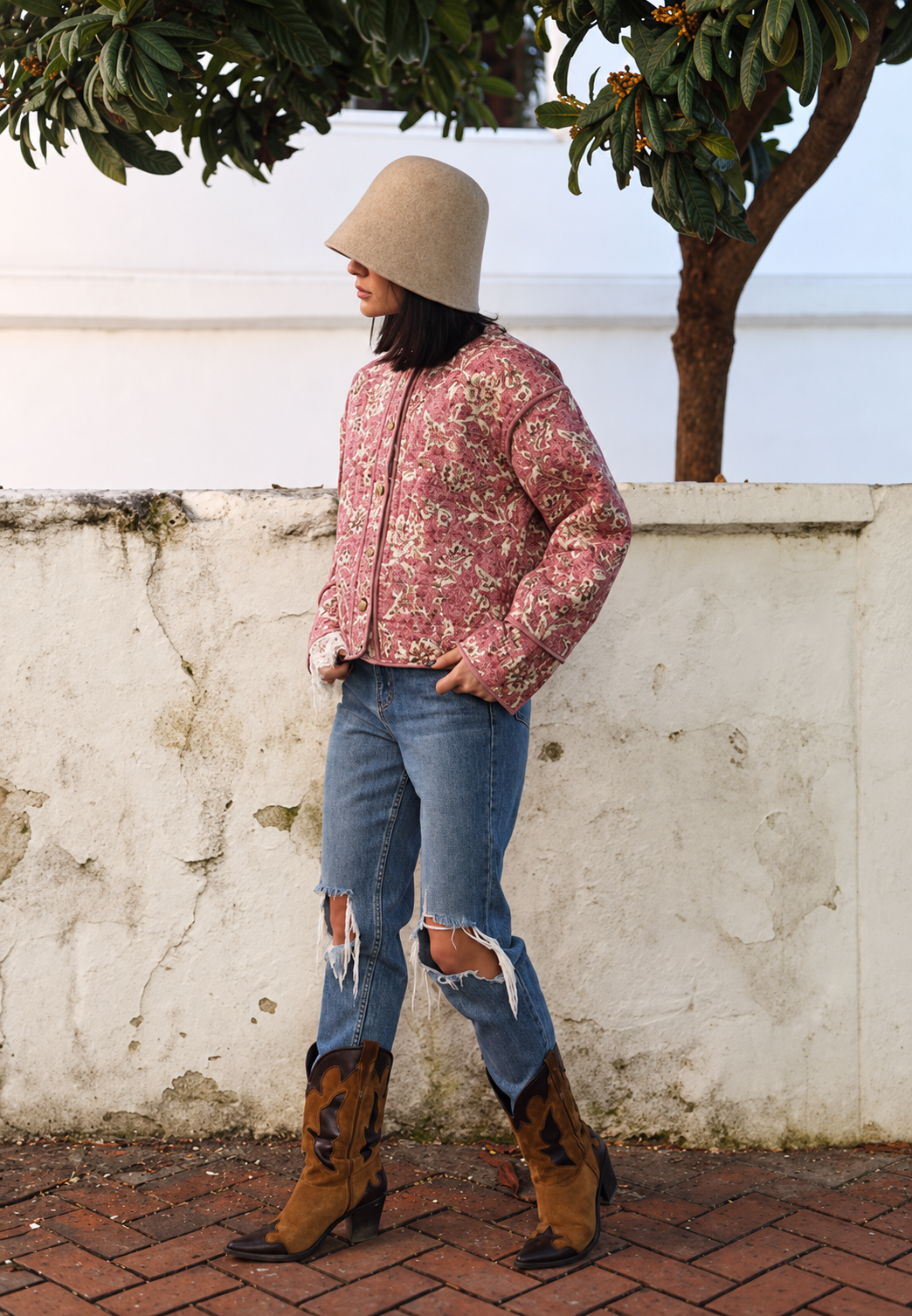 Veste femme à imprimé floral, matelassage en losanges et bordures - Orsina