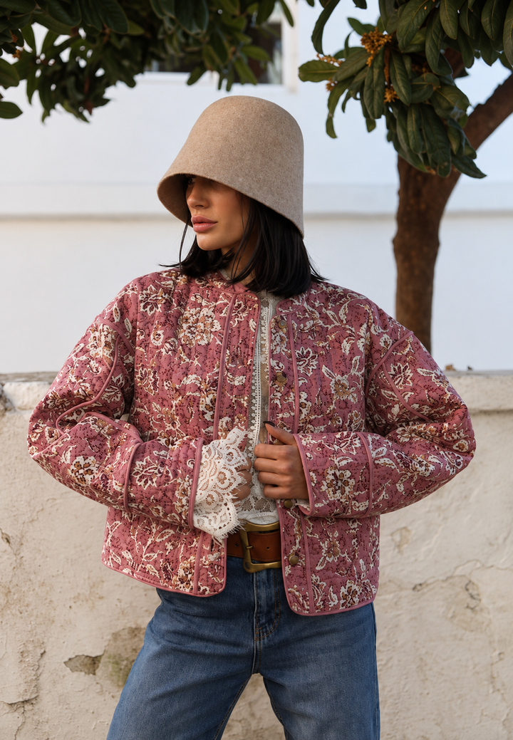 Veste femme à imprimé floral, matelassage en losanges et bordures - Orsina