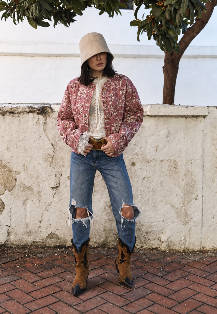 Veste femme à imprimé floral, matelassage en losanges et bordures - Orsina