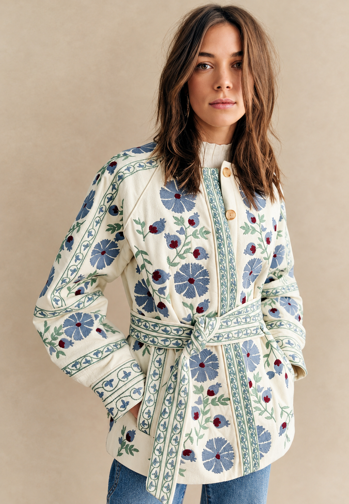 Veste fleurie femme à ceinture ajustable et manches longues - Jette