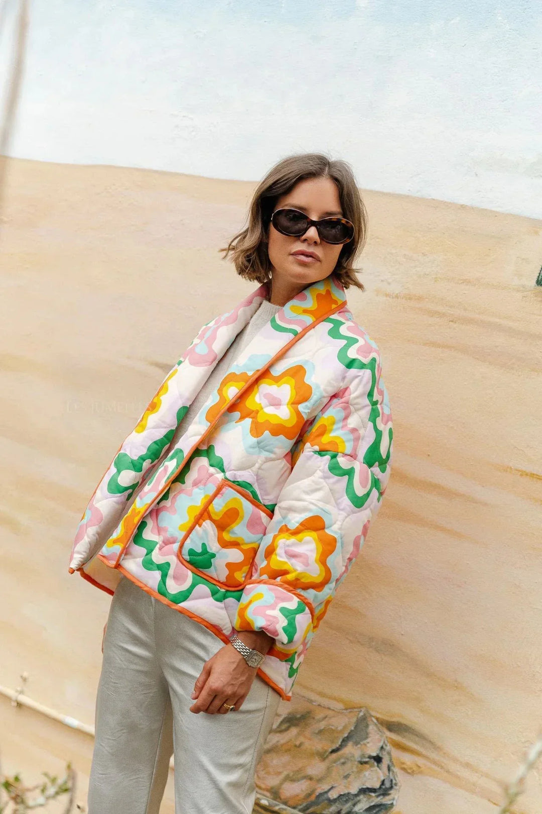 Veste femme à grandes fleurs et matelassage en losanges style bohème - Mirthe