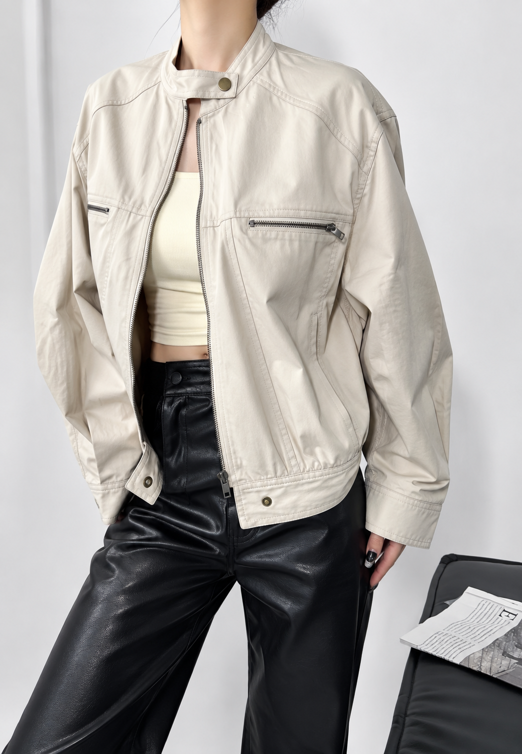 Veste femme oversize à col montant, zip et poignets boutonnés - Nerina