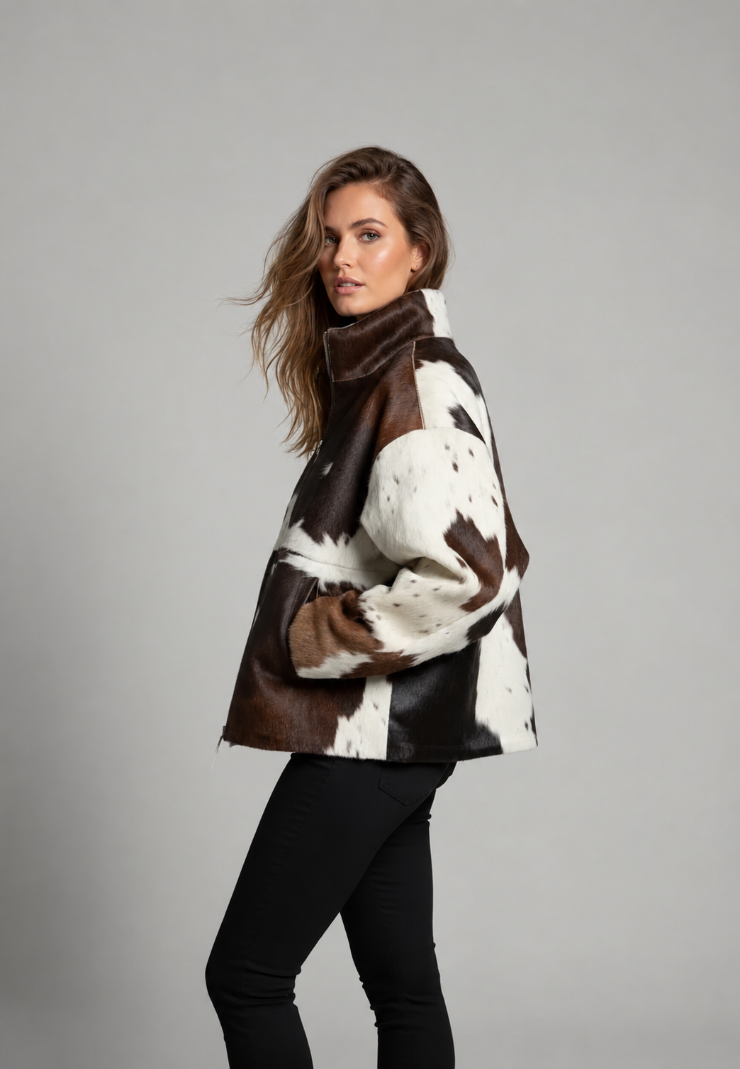 Veste femme en fourrure synthétique à motif vache, col montant - Gesine