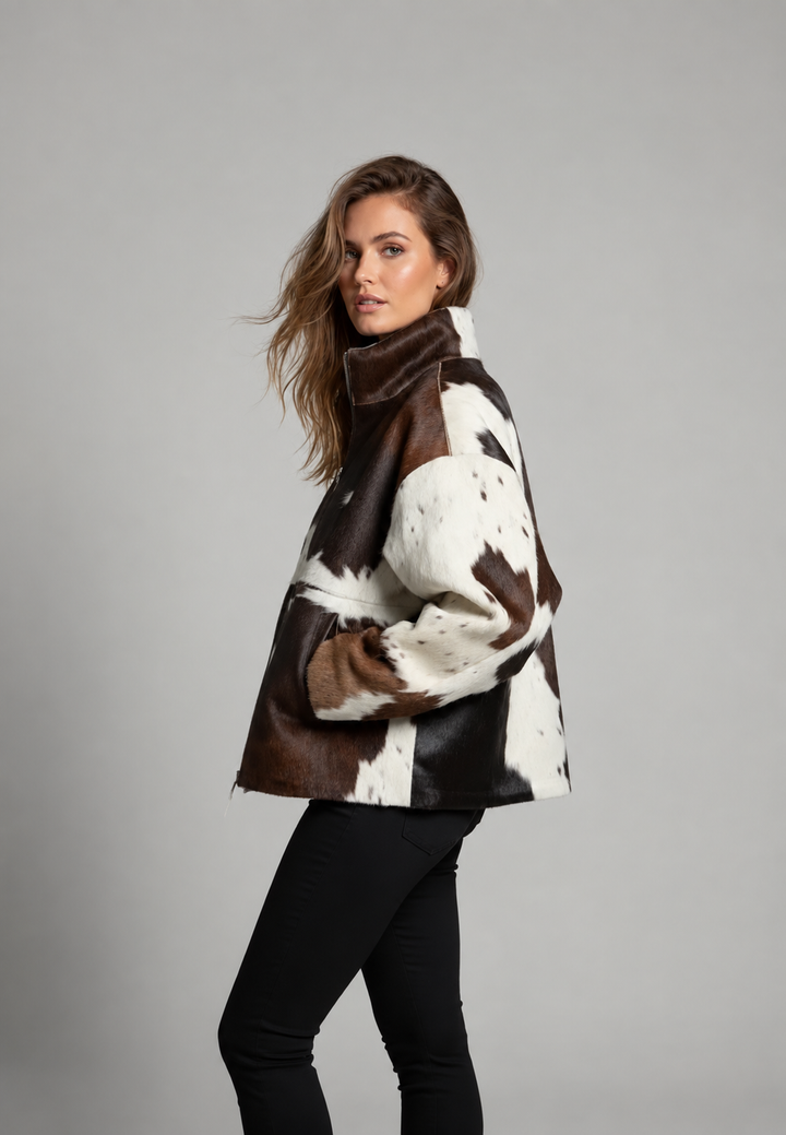 Veste femme en fourrure synthétique à motif vache, col montant - Gesine