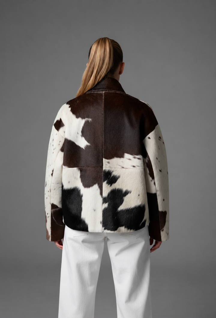 Veste femme en fourrure synthétique à motif vache, col montant - Gesine