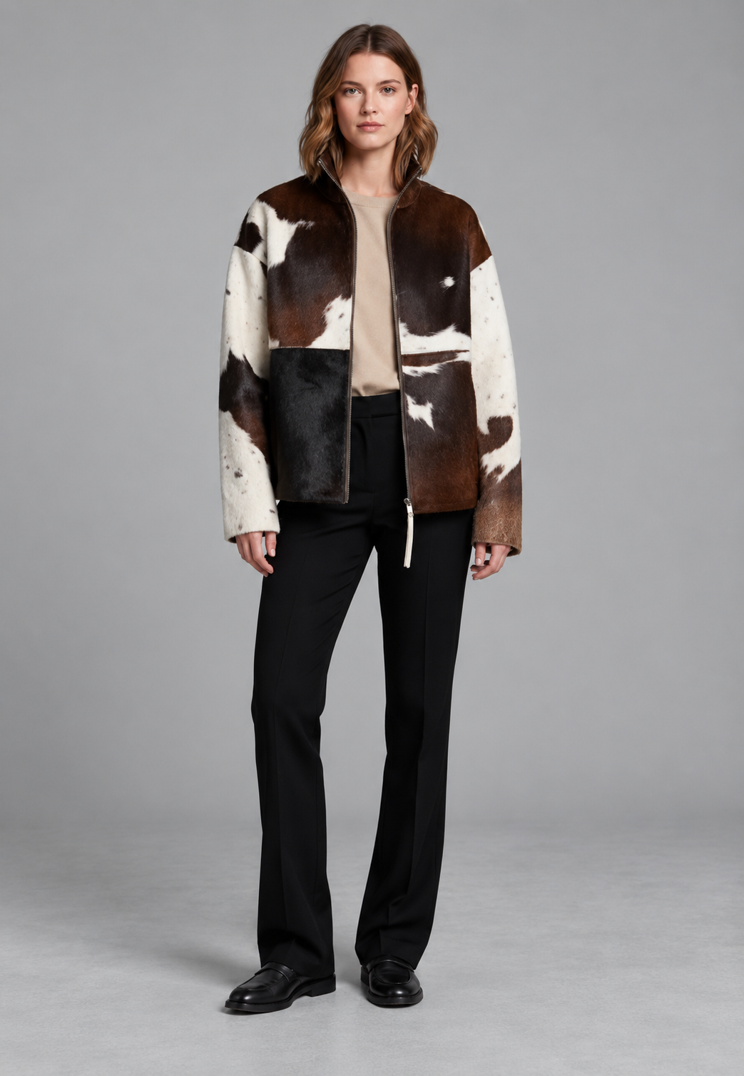 Veste femme en fourrure synthétique à motif vache, col montant - Gesine