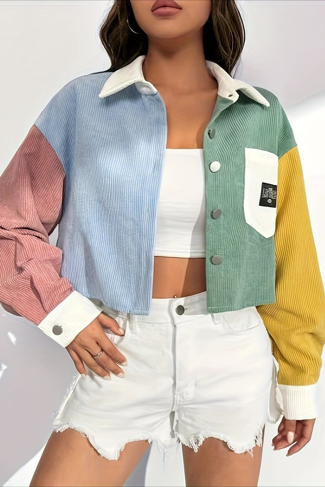 Veste en velours côtelé pour femme, motifs colorés, col contrasté, poche plaquée - Uma