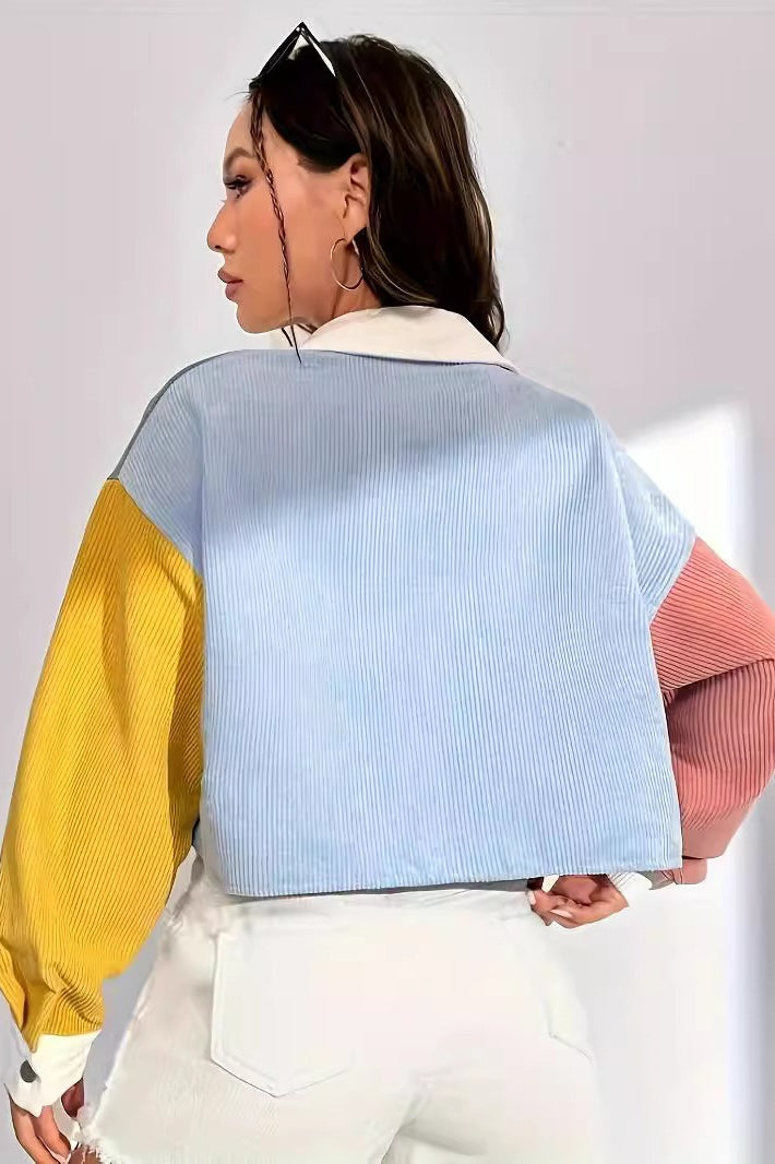 Veste en velours côtelé pour femme, motifs colorés, col contrasté, poche plaquée - Uma
