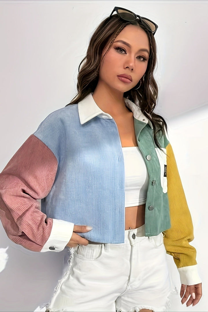Veste en velours côtelé pour femme, motifs colorés, col contrasté, poche plaquée - Uma