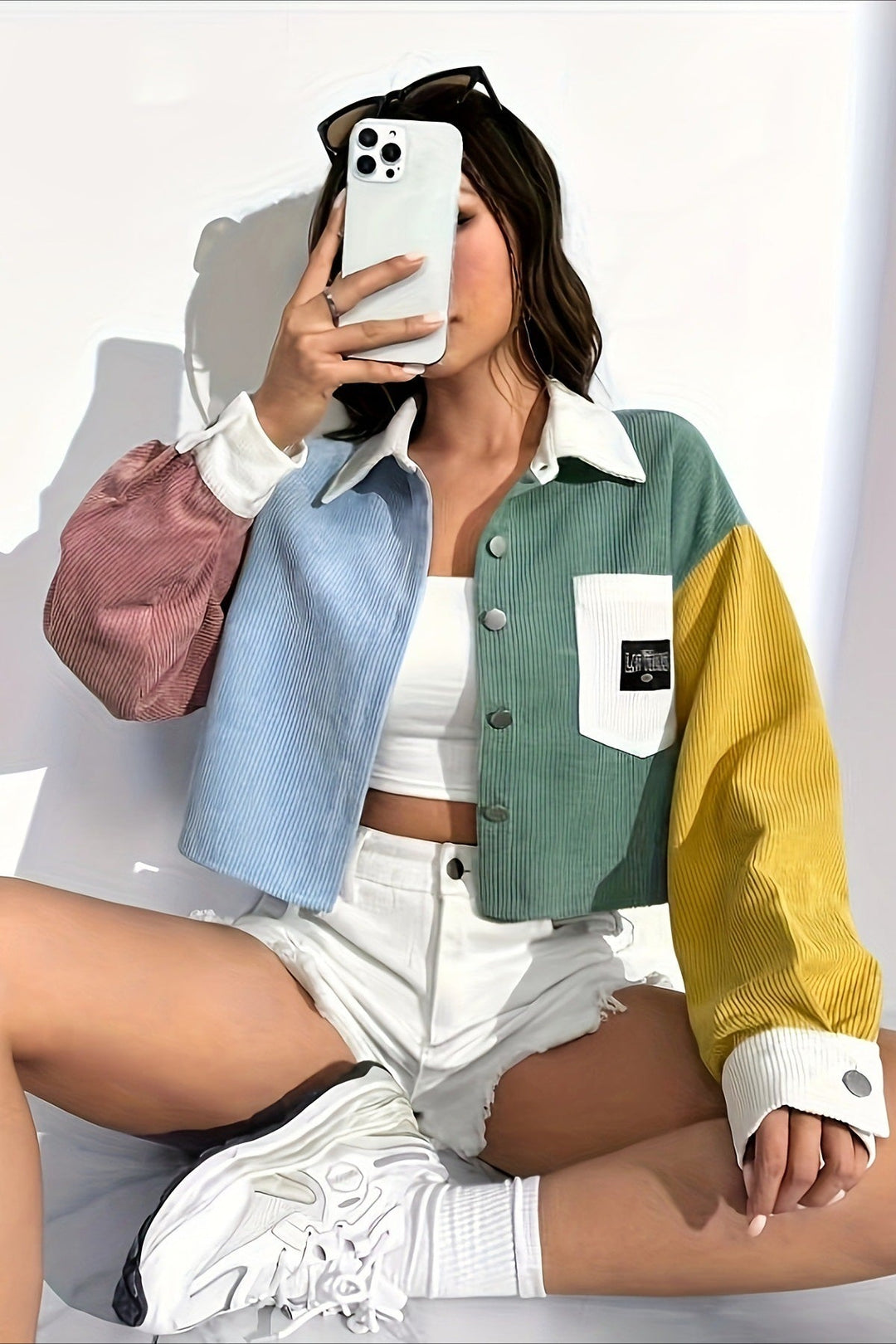 Veste en velours côtelé pour femme, motifs colorés, col contrasté, poche plaquée - Uma