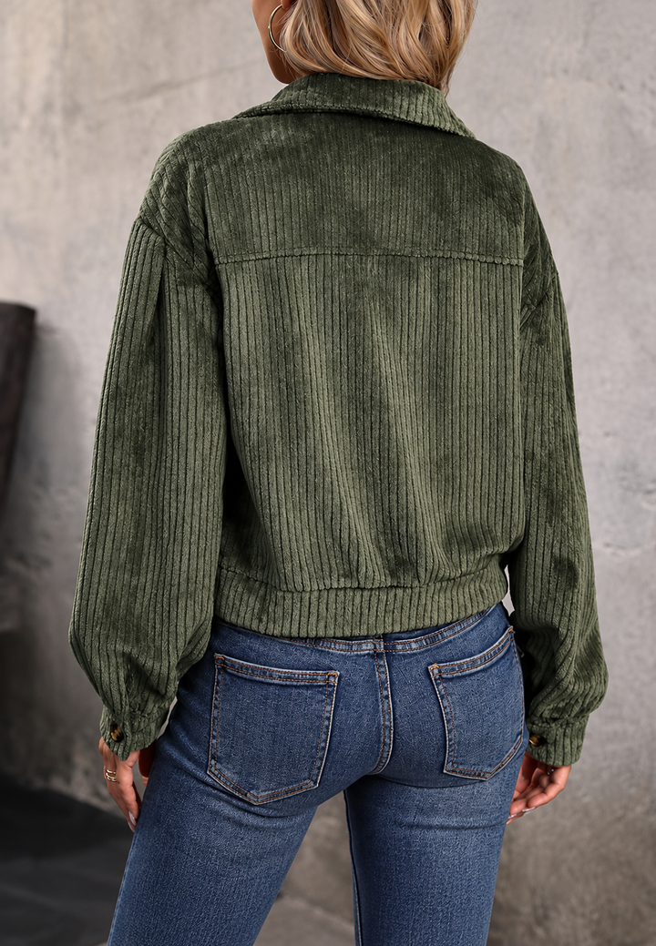 Veste courte en velours côtelé pour femme, col chemise, poches à rabat - Clémence