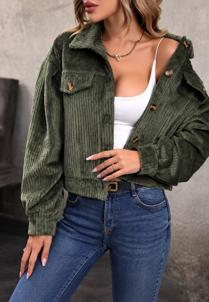 Veste courte en velours côtelé pour femme, col chemise, poches à rabat - Clémence