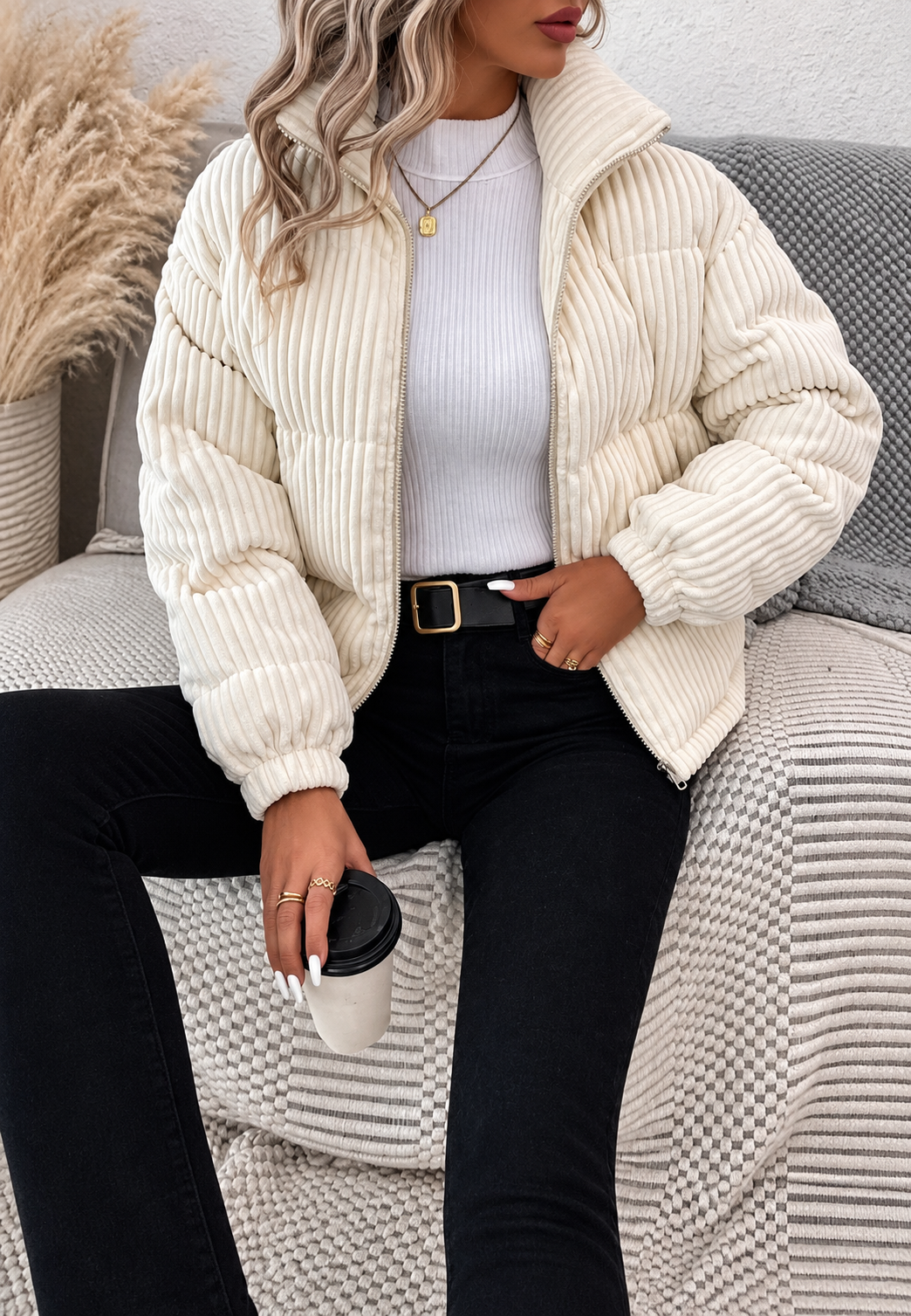 Veste en velours côtelé pour femme, col montant, fermeture éclair, poches latérales - Eline