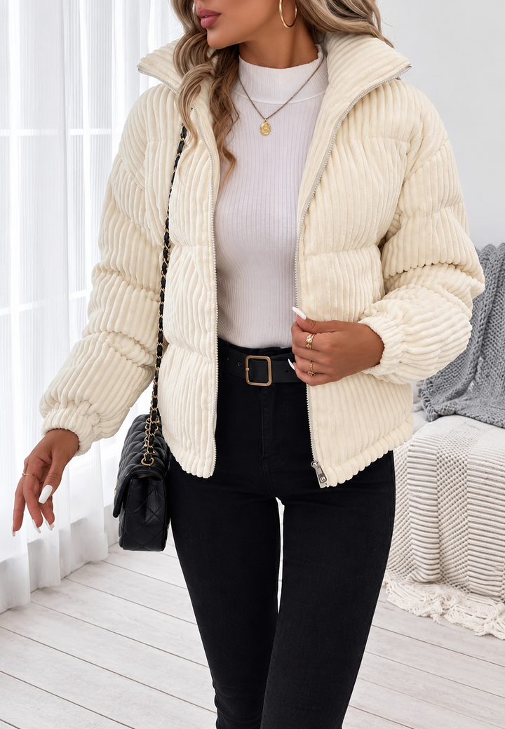 Veste en velours côtelé pour femme, col montant, fermeture éclair, poches latérales - Eline