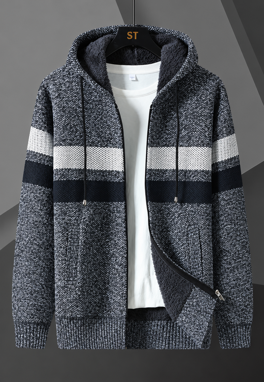 Veste en maille homme capuche réglable rayures horizontales doublure duveteuse - Rovian