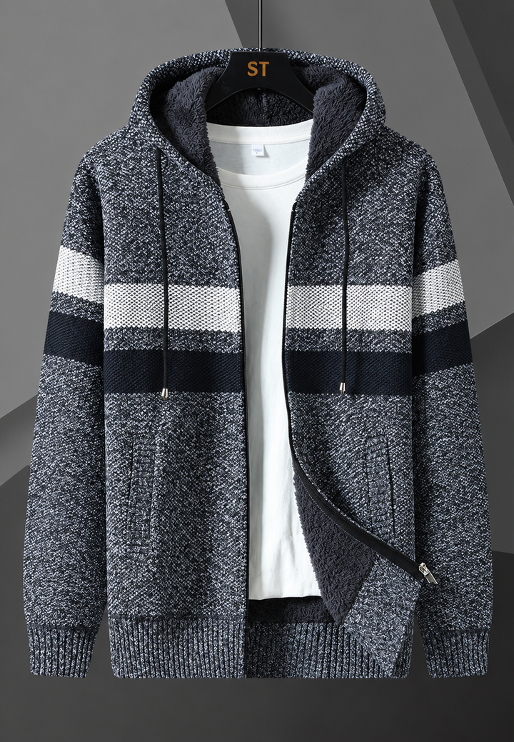 Veste en maille homme capuche réglable rayures horizontales doublure duveteuse - Rovian