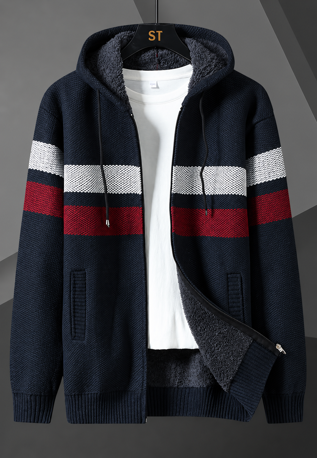 Veste en maille homme capuche réglable rayures horizontales doublure duveteuse - Rovian