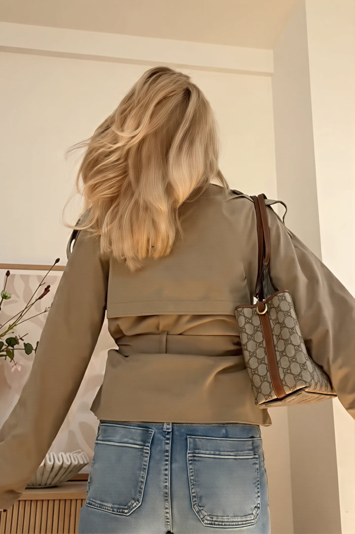 Trench court pour femme, col montant, double boutonnage, ceinture - Nora