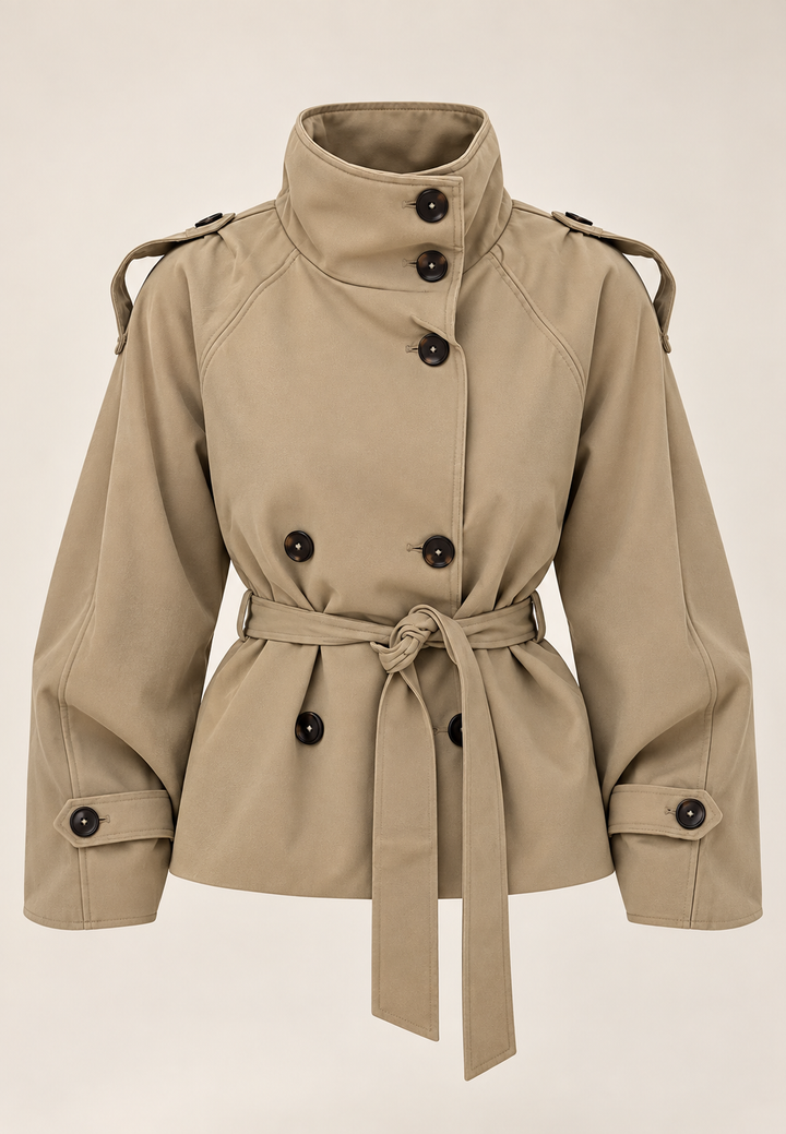 Trench court pour femme, col montant, double boutonnage, ceinture - Nora