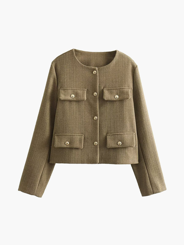 Veste courte en tweed pour femme, boutons dorés, col rond - Miriam