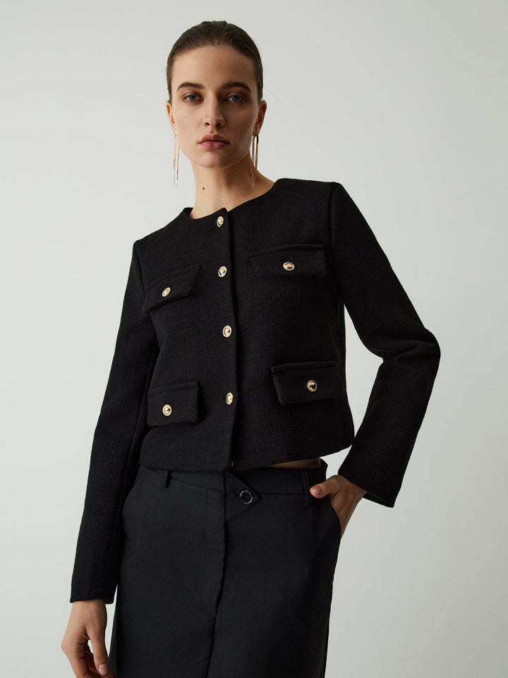 Veste courte en tweed pour femme, boutons dorés, col rond - Miriam
