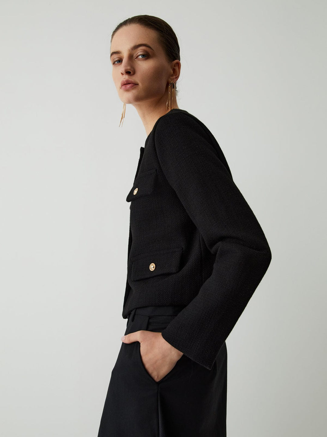 Veste courte en tweed pour femme, boutons dorés, col rond - Miriam