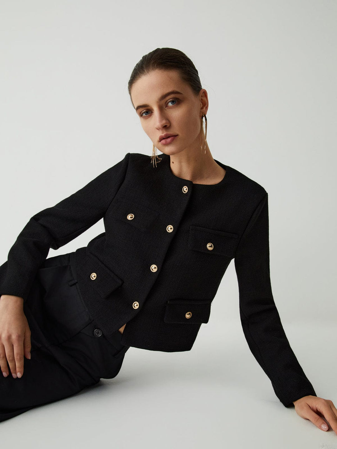 Veste courte en tweed pour femme, boutons dorés, col rond - Miriam