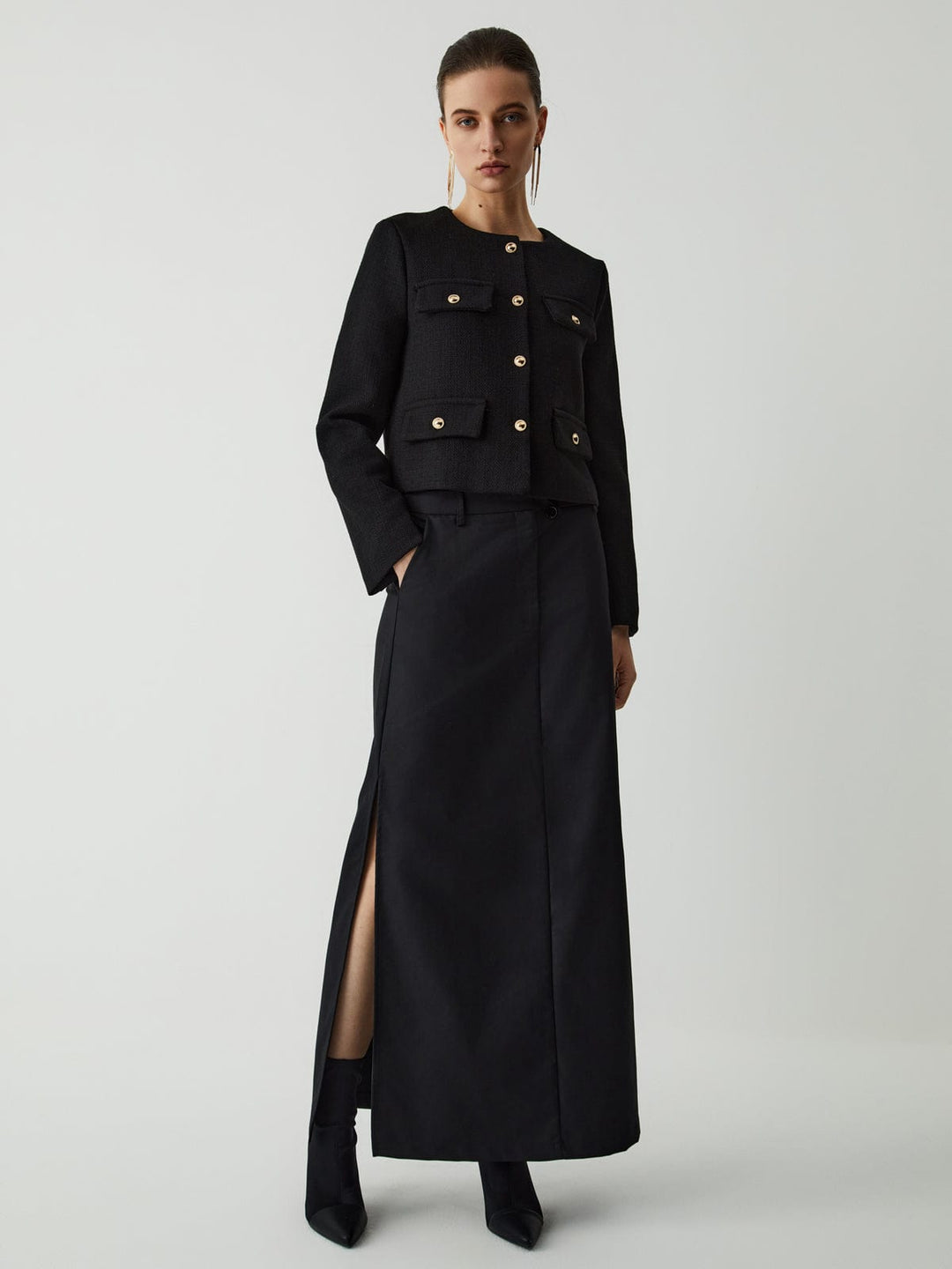 Veste courte en tweed pour femme, boutons dorés, col rond - Miriam