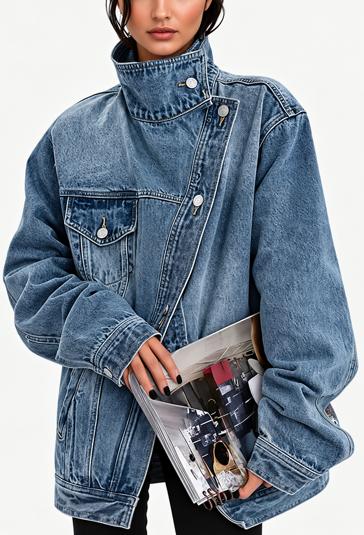 Veste en jean denim femme à col montant et boutons latéraux - Maura