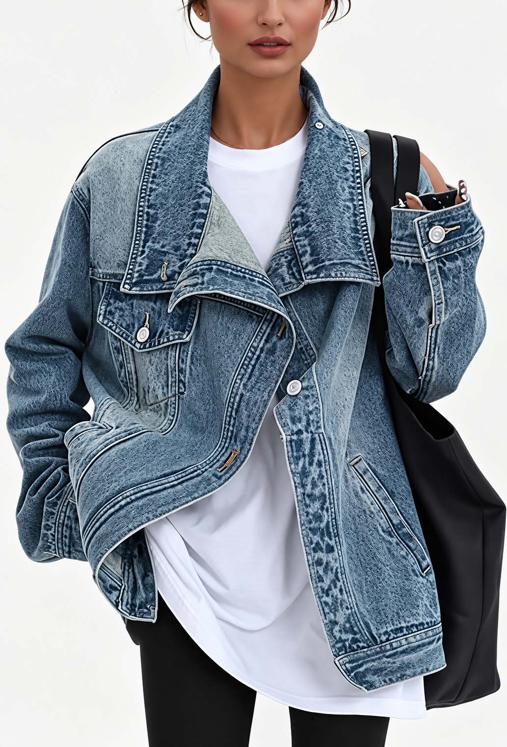 Veste en jean denim femme à col montant et boutons latéraux - Maura