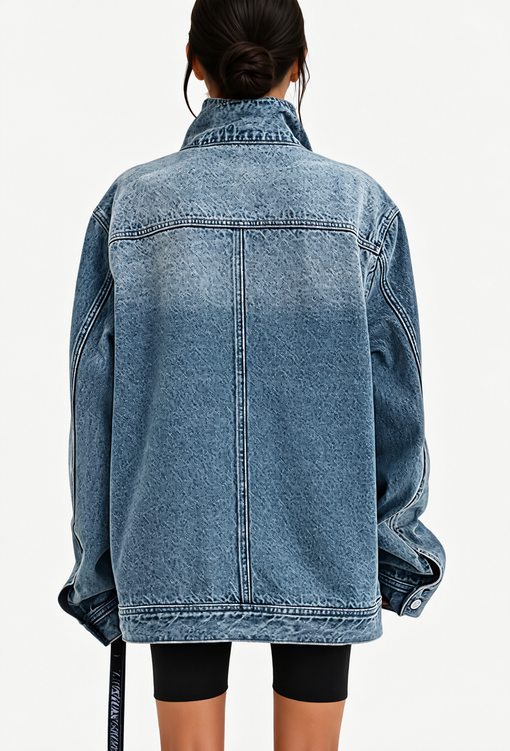 Veste en jean denim femme à col montant et boutons latéraux - Maura