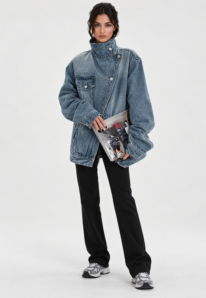 Veste en jean denim femme à col montant et boutons latéraux - Maura