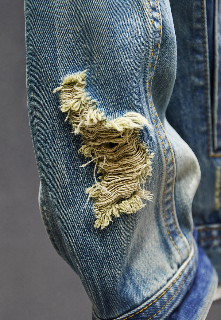 Veste en jean homme coupe slim, déchirée, effet délavé - Levon