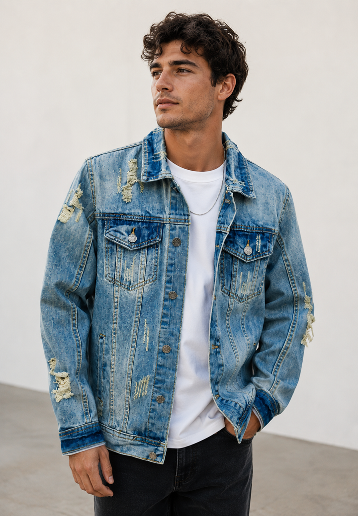 Veste en jean homme coupe slim, déchirée, effet délavé - Levon