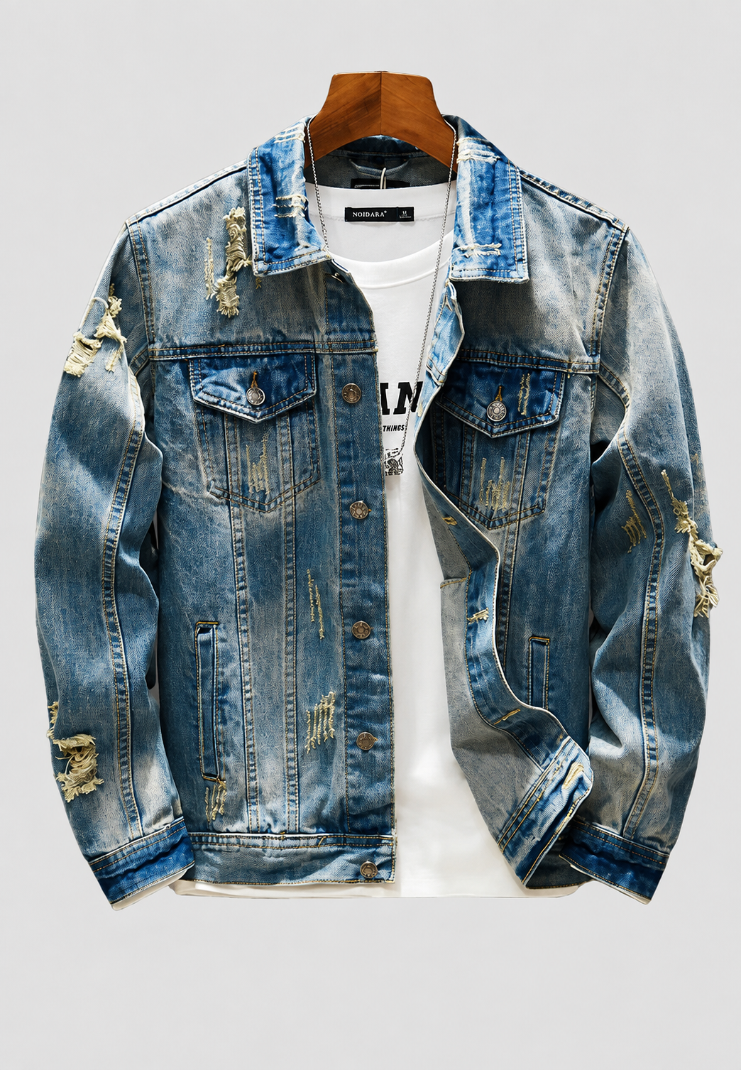 Veste en jean homme coupe slim, déchirée, effet délavé - Levon