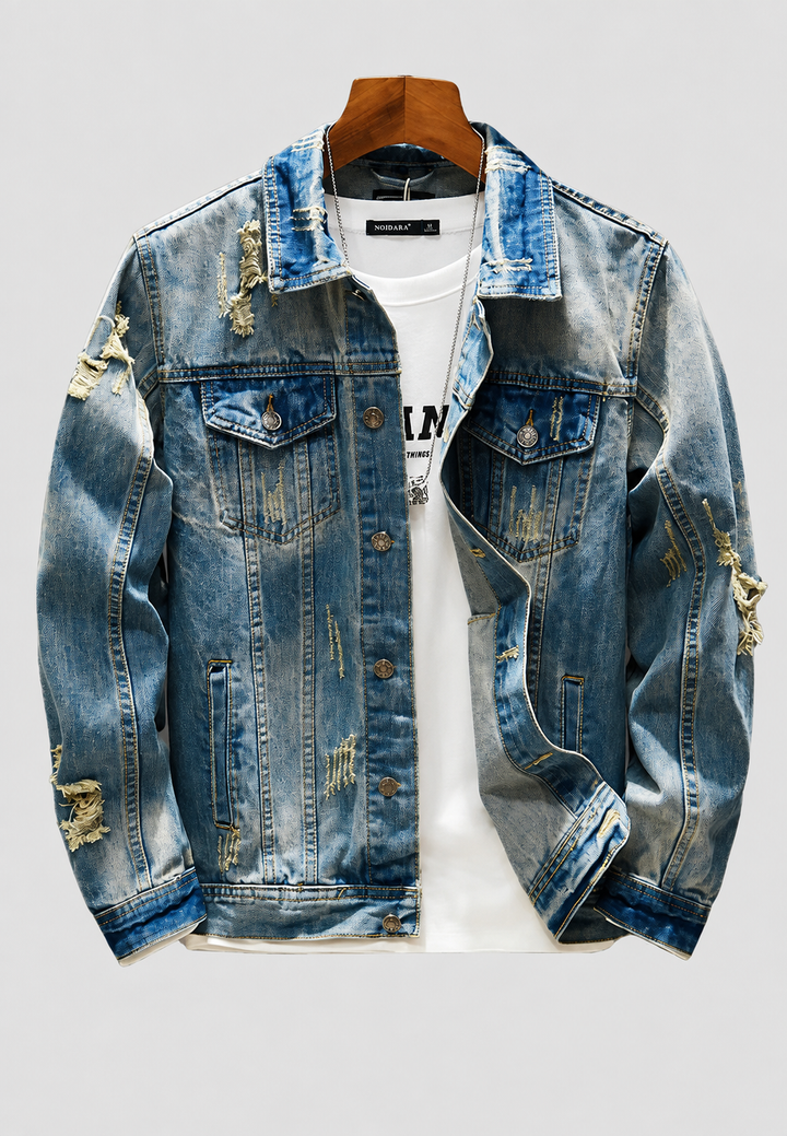 Veste en jean homme coupe slim, déchirée, effet délavé - Levon