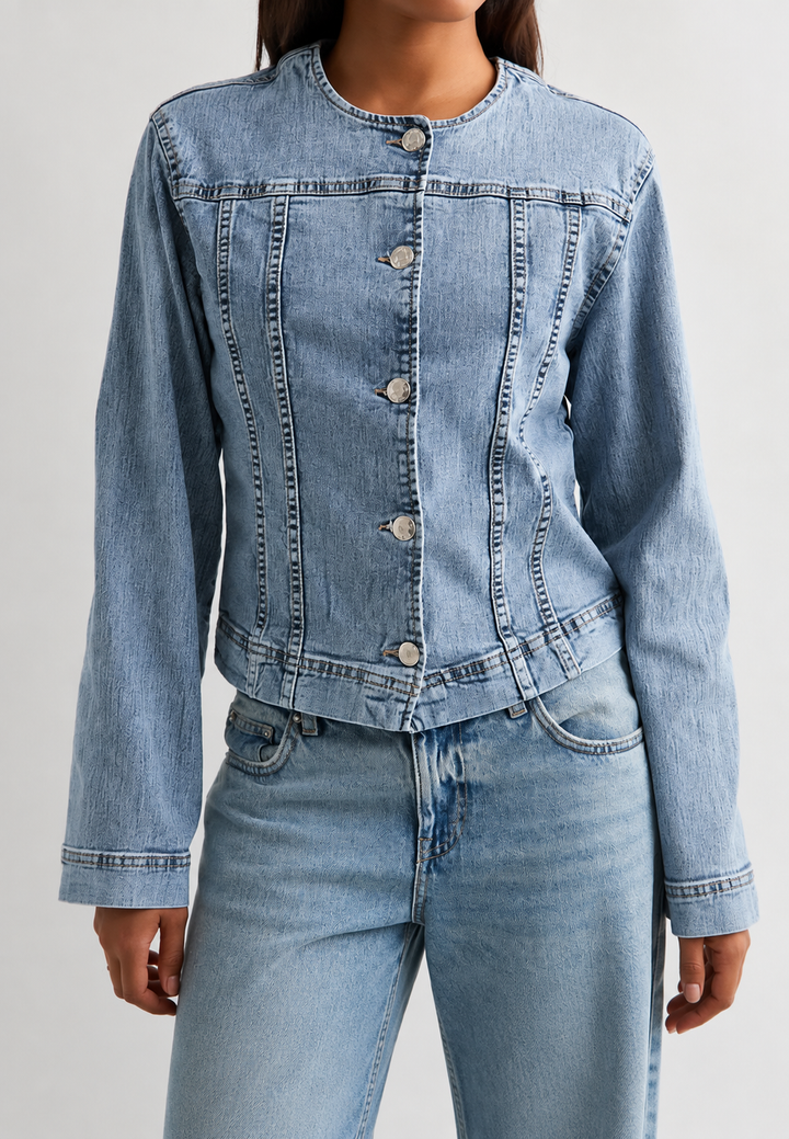 Veste en jean femme ajustée à col rond - Sigrid