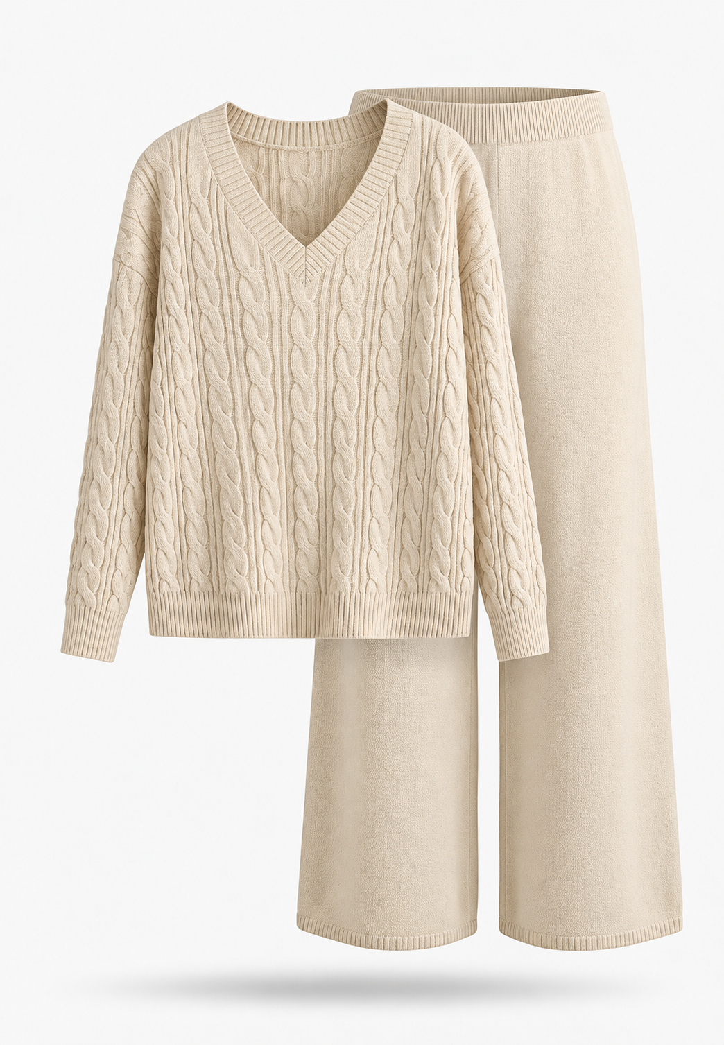 Ensemble femme en maille torsadée pull col V pantalon large - Nélida
