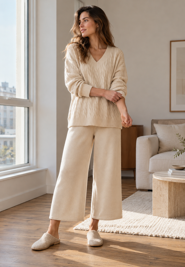 Ensemble femme en maille torsadée pull col V pantalon large - Nélida