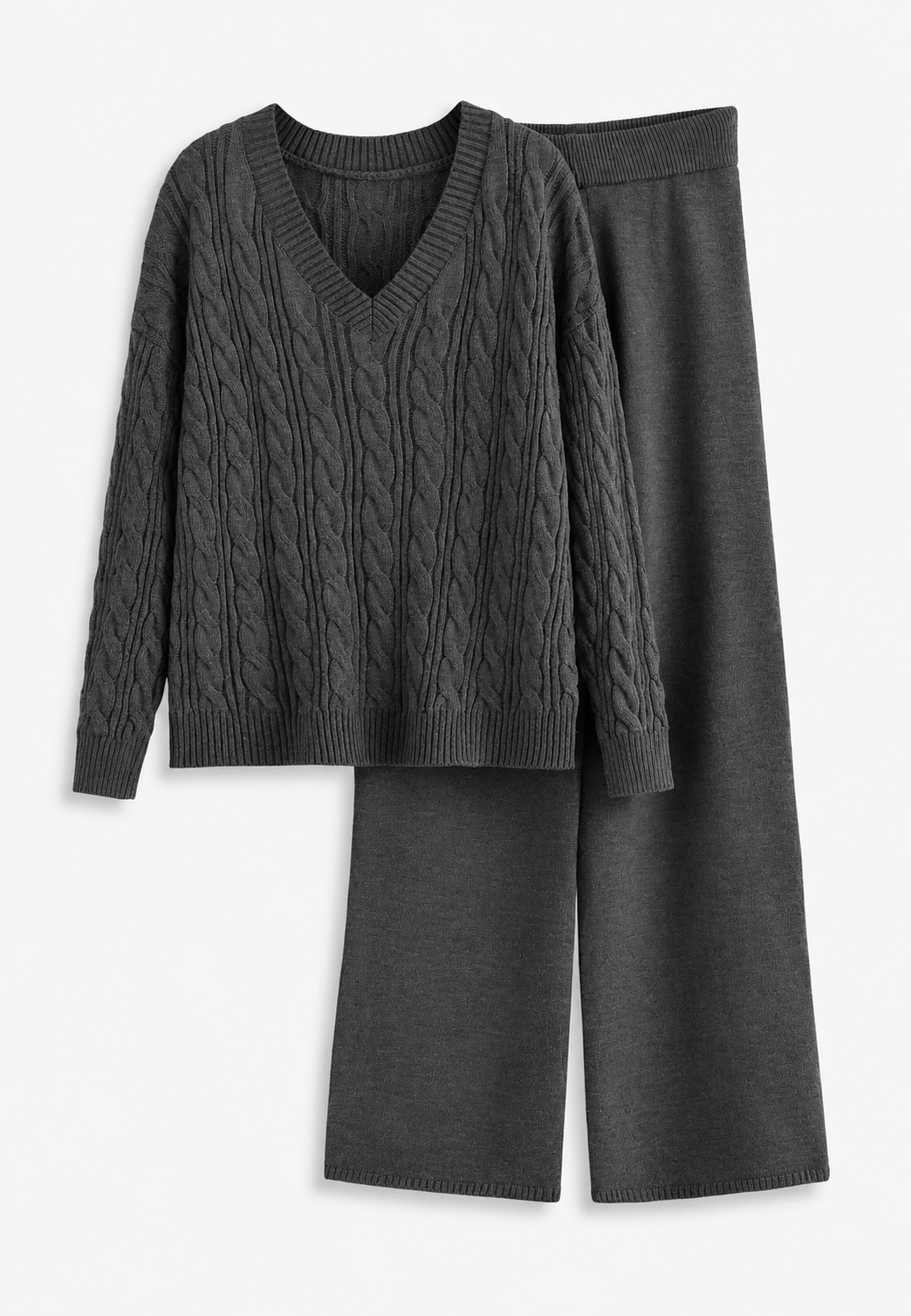 Ensemble femme en maille torsadée pull col V pantalon large - Nélida