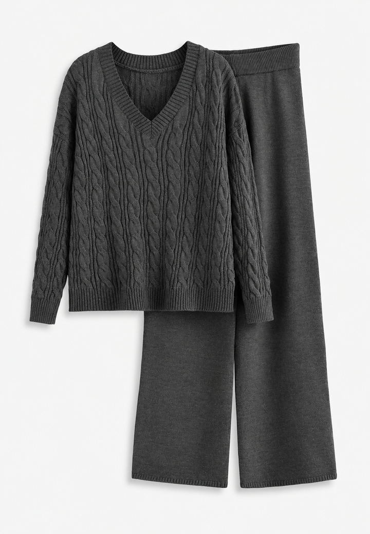 Ensemble femme en maille torsadée pull col V pantalon large - Nélida