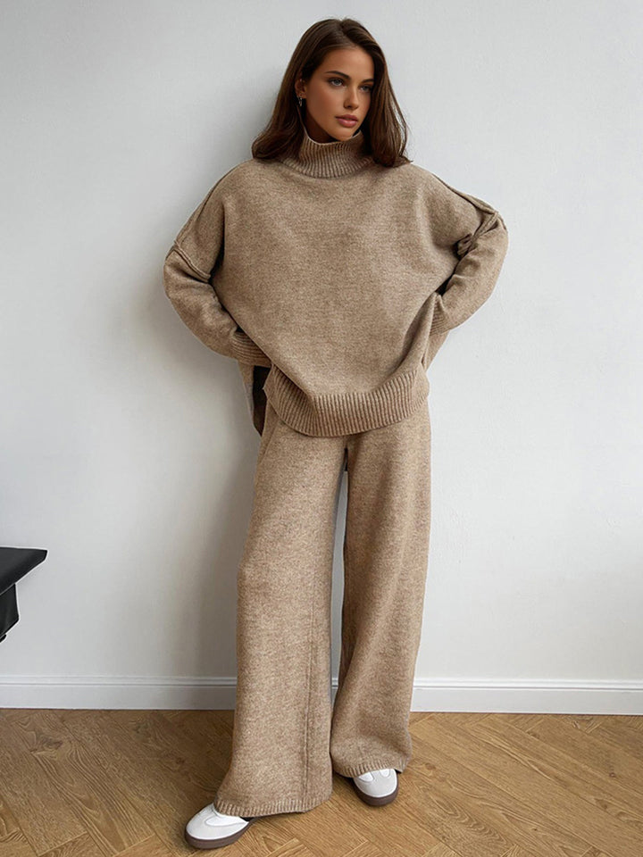 Ensemble en maille pour femme composé d'un pull à col roulé et d'un pantalon large - Elske