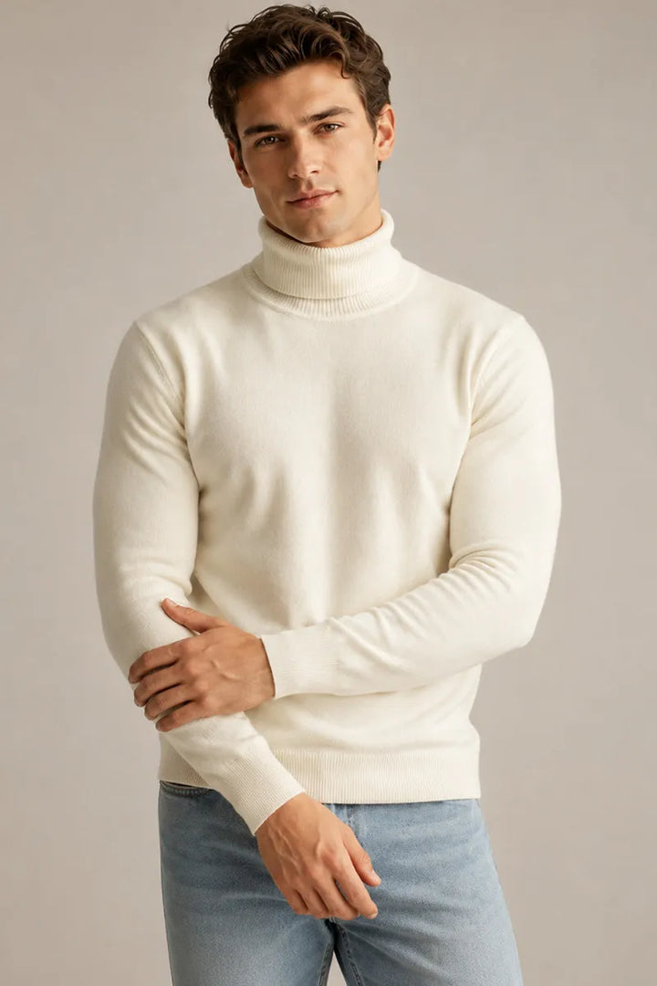 Pull homme à col roulé, coupe ajustée, maille unie - Caspar