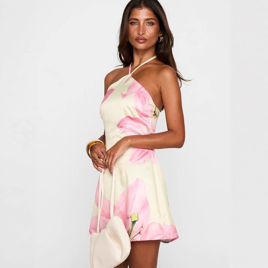 Robe courte à imprimé floral et encolure licou pour femmes - Martina