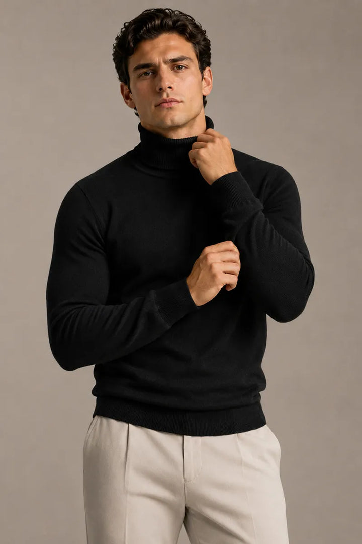 Pull homme à col roulé, coupe ajustée, maille unie - Caspar