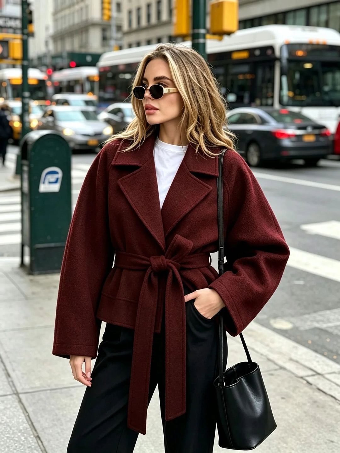 Veste courte femme effet drap ceinturée à revers - Calina